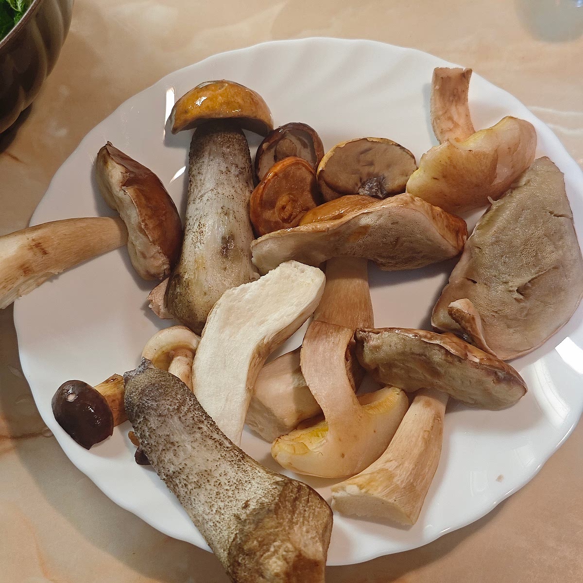 Clean and cut the mushrooms, onion and garlic cloves. Heat oil in a skillet (or the pot you used to cook the pasta in) over medium heat. Add the mushrooms and onion, cook them for 15-ish minutes, stirring frequently, to brown them before adding the minced garlic that only needs a minute.