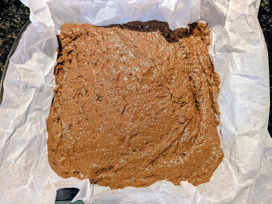 Pour your batter into the prepared baking pan.