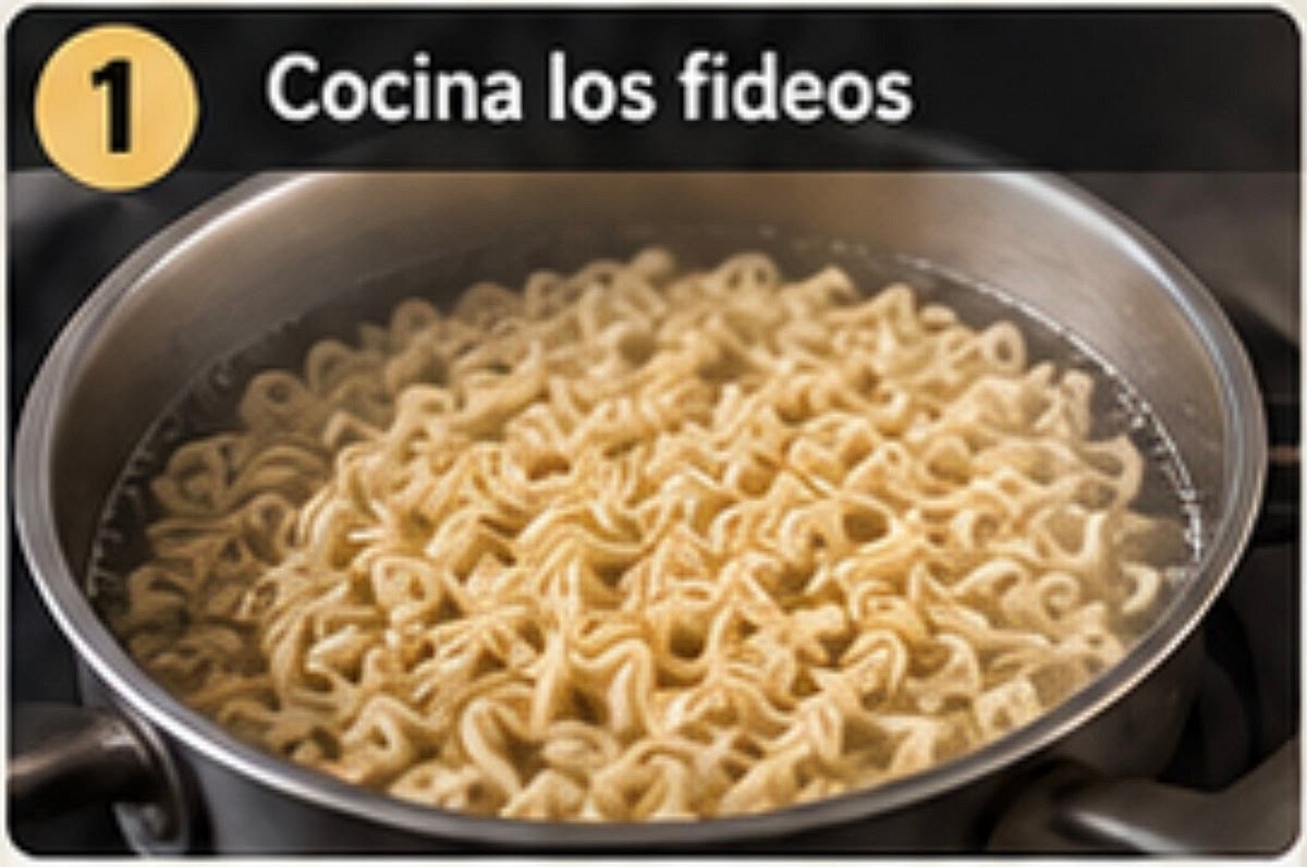 1. Cocina los fideos. Hierve agua y cocina 2 paquetes de fideos durante 2 minutos (sin el sazonador). Antes de escurrir, reserva 1/2 taza de agua de coccion. Escurre y reserva.