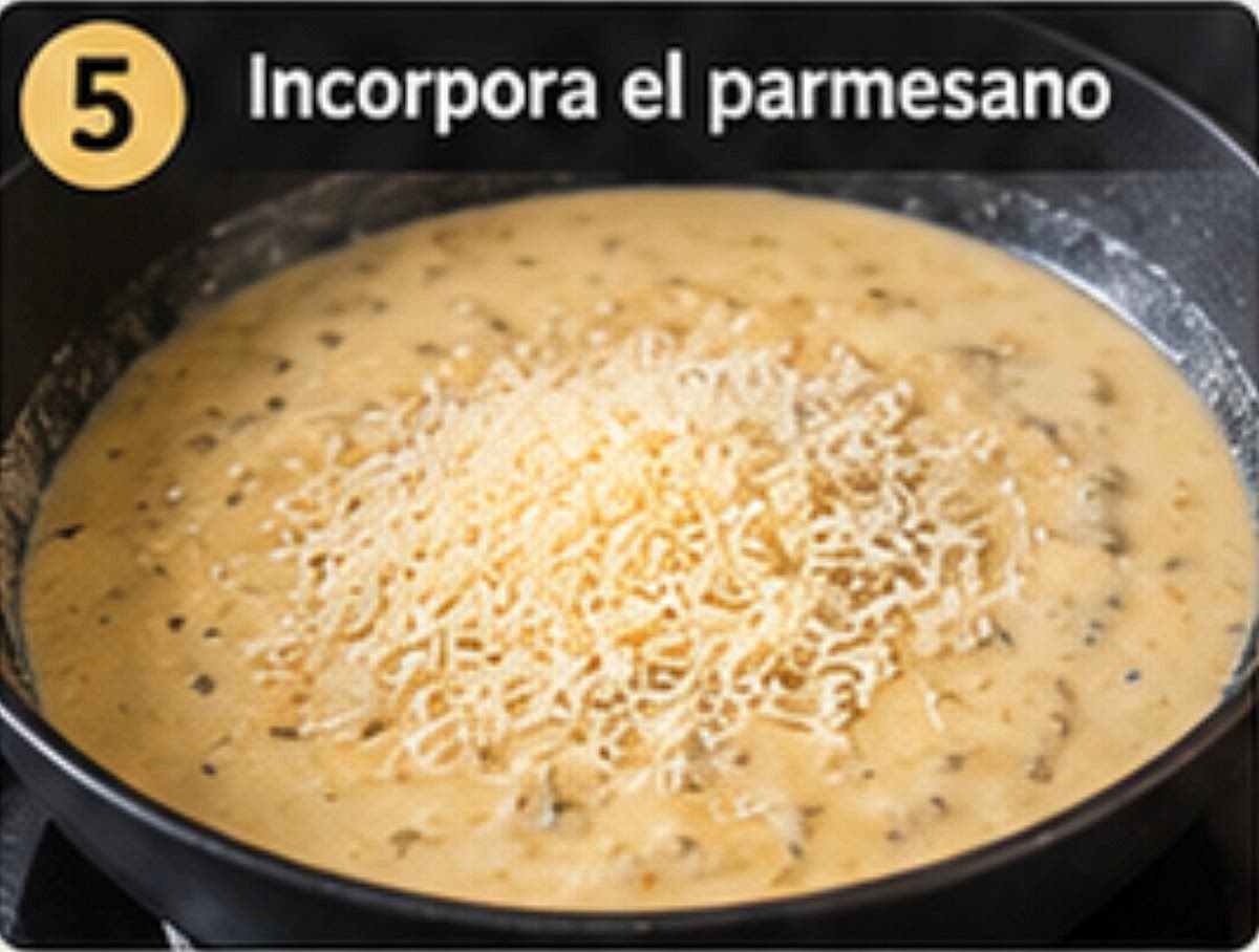 5. Incorpora el parmesano. Agrega el parmesano poco a poco a fuego bajo y mezcla hasta obtener una salsa cremosa. Añade 1/2 cucharadita de soya, prueba y ajusta si es necesario.