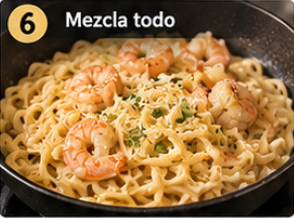 6. Mezcla todo. Incorpora los fideos y mezcla 60 segundos. Vuelve a agregar los camarones y mezcla otros 30 segundos. Si queda muy espeso, añade un poco mas del agua de coccion.