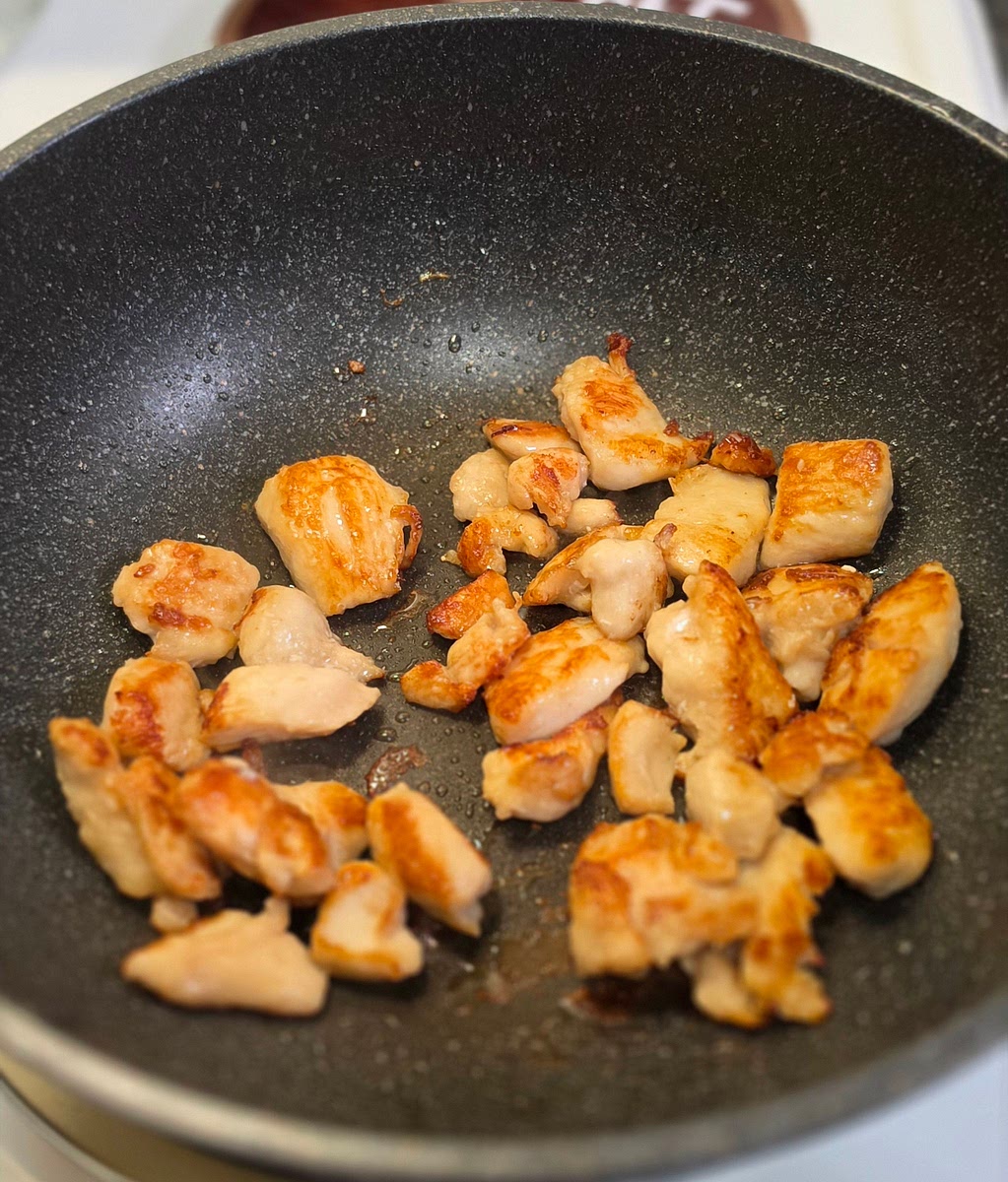 Add chicken, cook until browned and cooked through. Set aside.