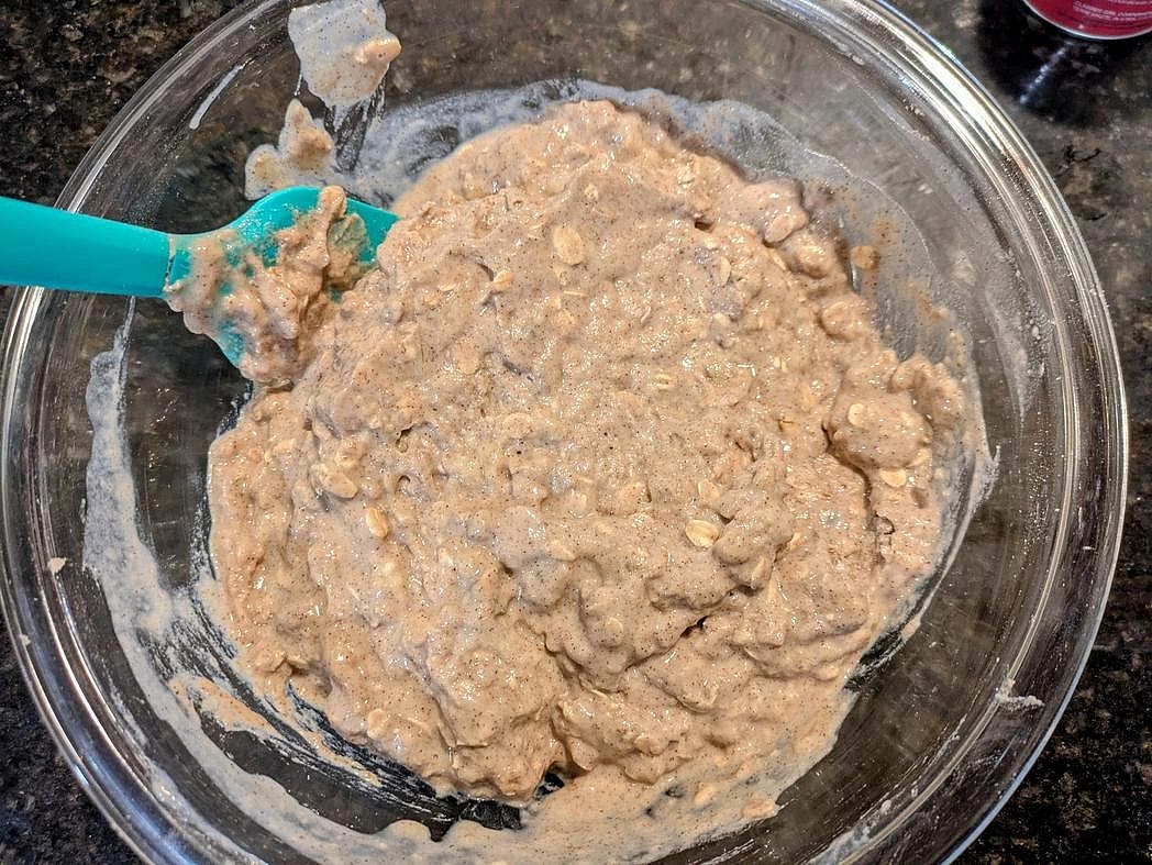 Mash your bananas in a large bowl with the back of a fork, until smooth. Add the rest of the ingredients to the bowl. Mix with a silicone spatula until fully combined.