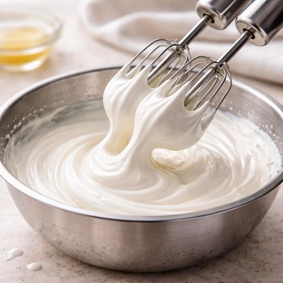 Whip the egg whites
Beat the egg whites with the salt until foamy. Gradually add the sugar while beating, then continue until the whites form glossy, firm peaks. They should hold their shape without looking dry or grainy.