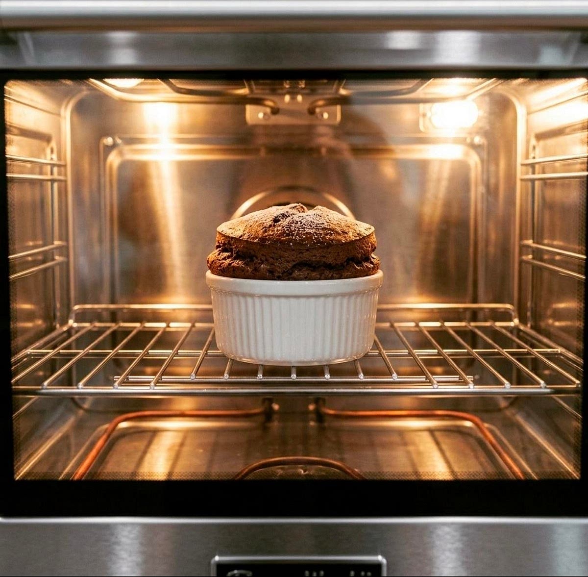 Fill and bake
Divide the batter among the ramekins, filling each about three-quarters full. Smooth the tops and run your thumb around the inside rim to create a shallow groove. Bake for 12–16 minutes, until risen and set around the edges but still slightly soft in the center.