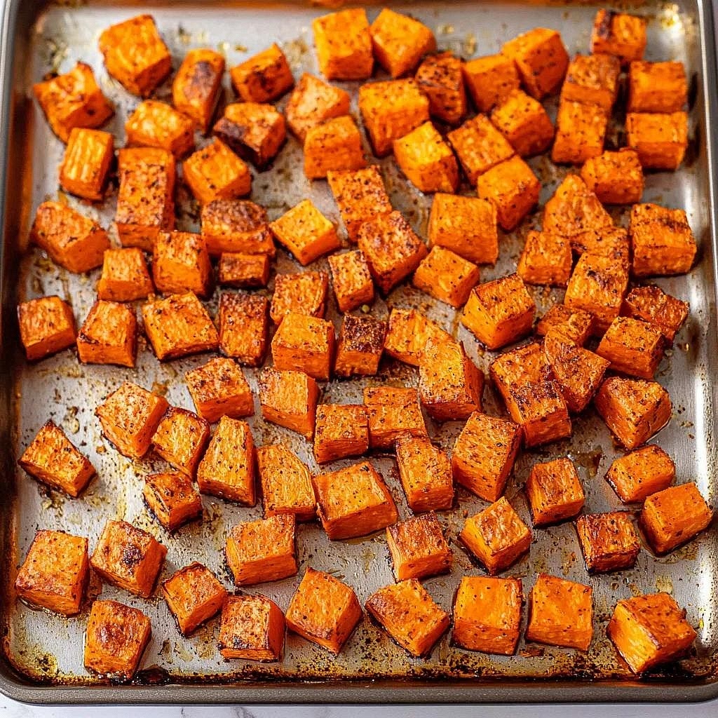 Roast the sweet potatoes. About 35 minutes before serving, preheat the oven to 200°C. Cut the sweet potatoes into bite-sized cubes, toss with olive oil, smoked paprika, salt and pepper. Roast for 25–35 minutes, turning halfway, until golden and soft inside.