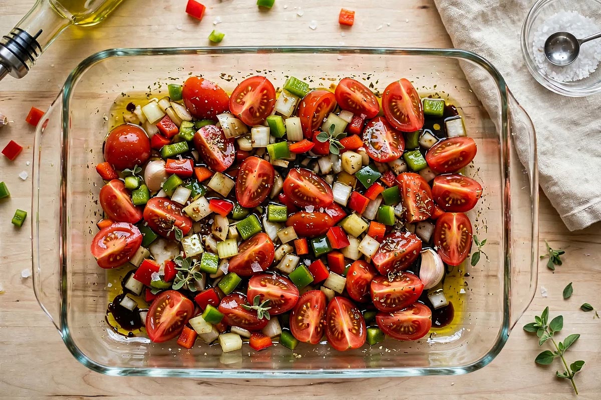Preheat oven to 400°F. Cut tomatoes into 1/4's, dice onion green pepper, red pepper, and add whole garlic clove to glass baking dish. Toss veggies in olive oil, balsalmic vinegar, oregano, and salt. Add to preheated oven for 25 mins until soft and the edges ore brown.