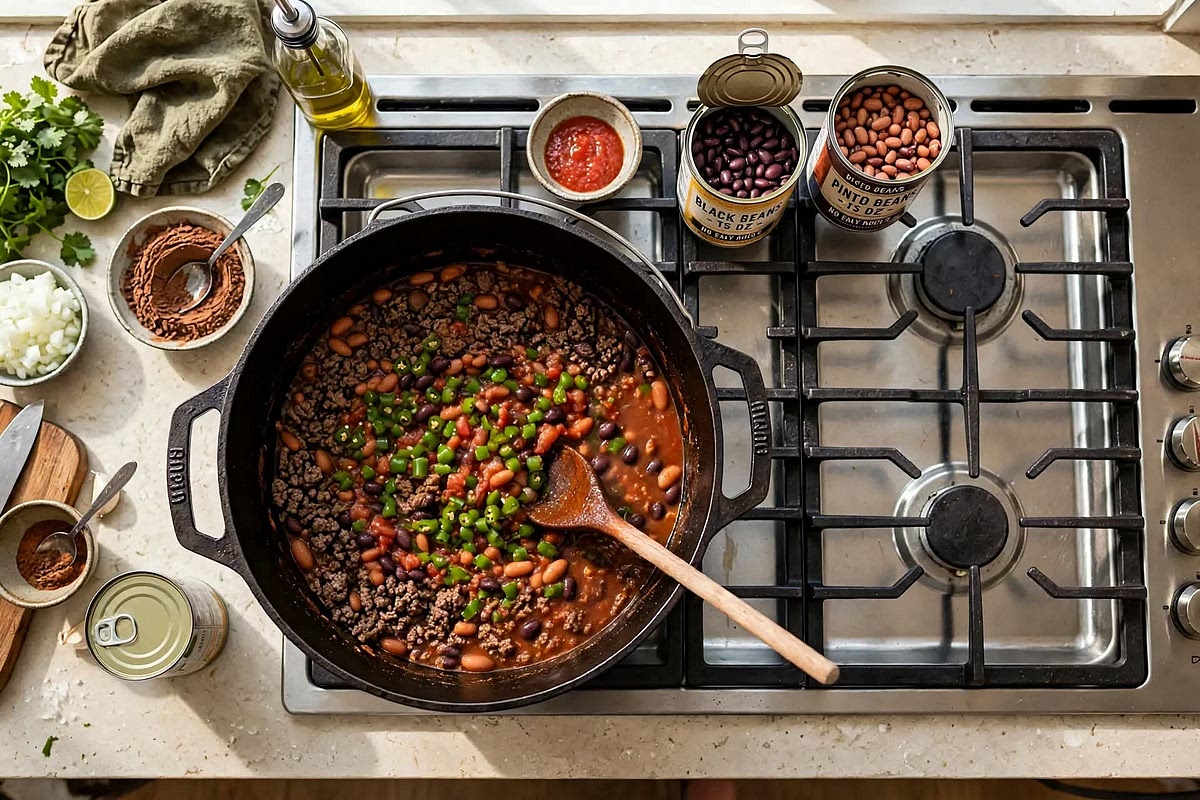 While veggies are in the oven cook 1lb of ground beef in a skillet, drain and add the the duch oven, or soup pot. Add canned beans undrained, green chilies, tomato sauce, spices, ketchup, rice wine vinegar, soy sauce and coco powder. Stir and place aside.