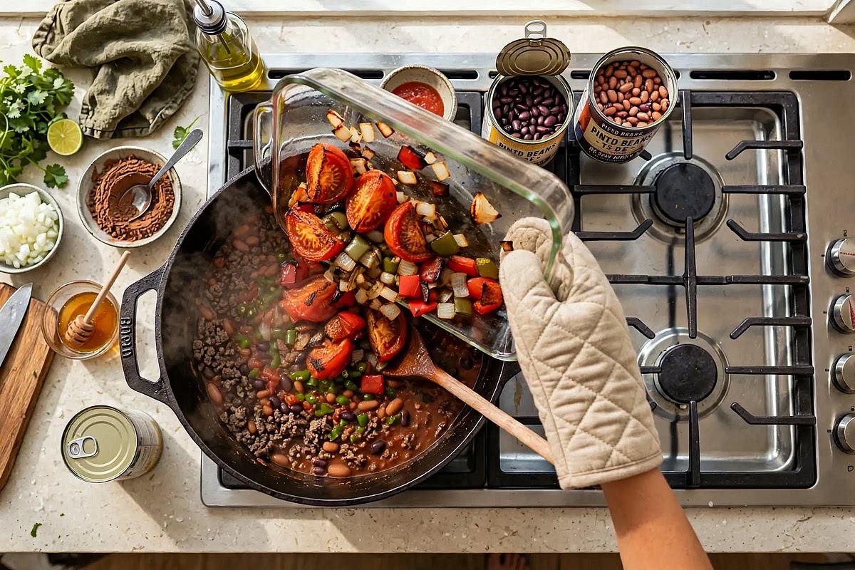 Once veggies are out of the oven, add them to the pot. Add in brown sugar and honey. Salt to taste. Let simmer on the stove on low heat for 1hr and 20 mins. Serve now, or after refrigerated over night. Top with cheese, sour cream, or fritos.