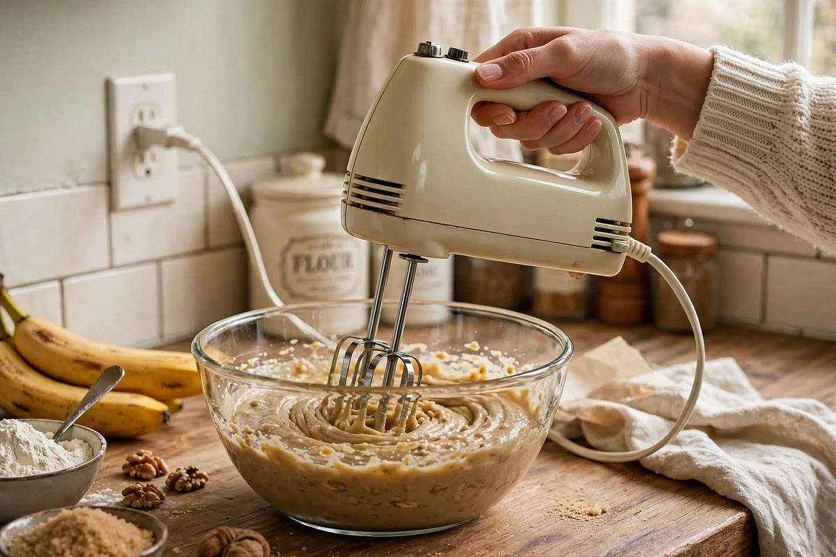 Add the 1 1/2 cup sifted flour, 1/2 tsp salt, and 1 tsp baking soda right on top. Stir everything together until just combined — don't overmix, some little lumps are okay.