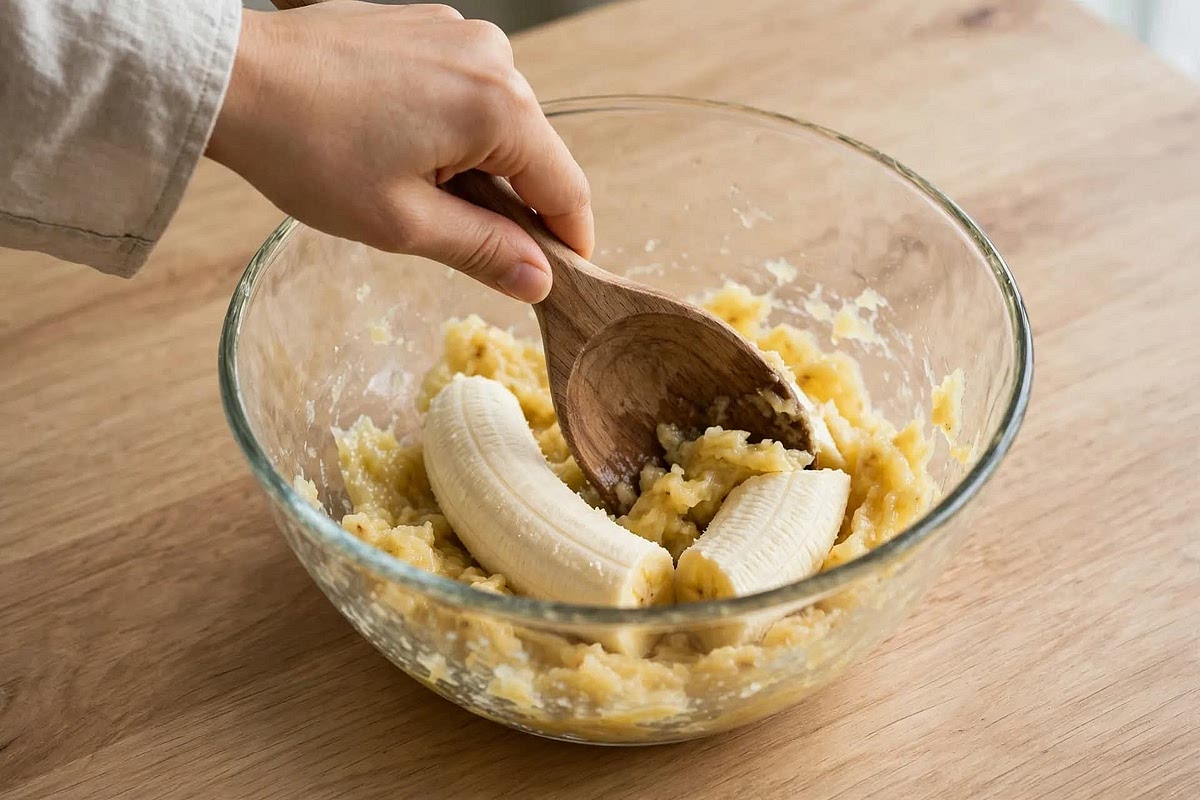 In a large bowl, mash the 2 bananas well with a fork. Add the 1 cup sugar, 2 eggs, 1 tsp vanilla extract, and 1 cup vegetable shortening. Mix until combined.