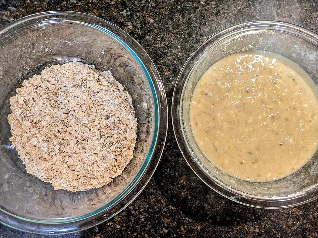 In a separate large bowl, mash your bananas with the back of a fork, until smooth. Whisk in the rest of the wet ingredients - yogurt, applesauce, egg, honey, coconut oil, and vanilla.