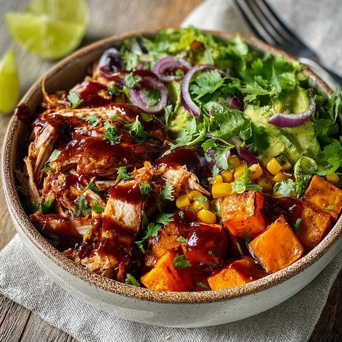 Assemble your dinner. Divide baby spinach, roasted sweet potatoes, warmed black beans and crunchy slaw between two bowls. Spoon the hot BBQ chicken over the top. Finish with sliced avocado and a little extra BBQ sauce from the slow cooker.