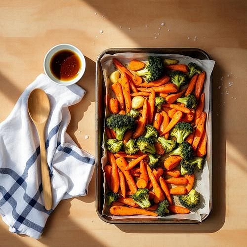 Roast the vegetables. Toss the carrots and broccoli with olive oil, salt and pepper. Add the carrots to the oven about 20 minutes before the potatoes finish, then add the broccoli for the final 12–15 minutes. Roast until the vegetables are tender with lightly caramelised edges. Finish with fresh lemon juice.
