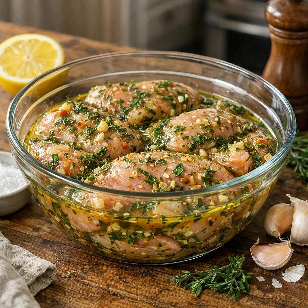 Marinate the chicken. Cut the chicken into approximately 2.5 cm pieces. Combine with olive oil, vinegar, garlic, lemon juice, oregano, basil, thyme, salt and pepper. Refrigerate for at least 15 minutes while preparing the vegetables.