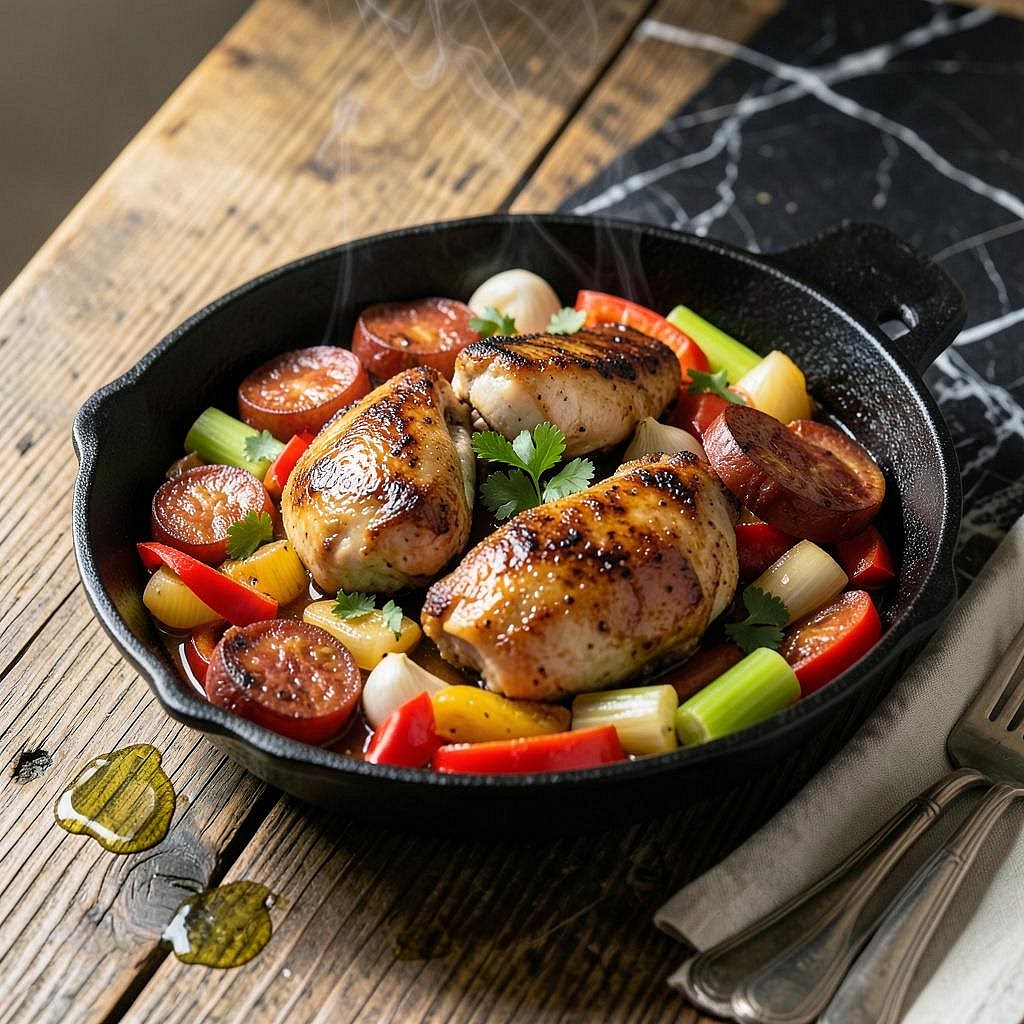 Brown the chicken and sausage. Heat the olive oil in a large, deep frying pan over medium-high heat. Add the chicken and brown for approximately 2 minutes per side. Add the sliced smoked sausage and cook for another 2 minutes. The chicken will finish cooking while the pasta simmers.
