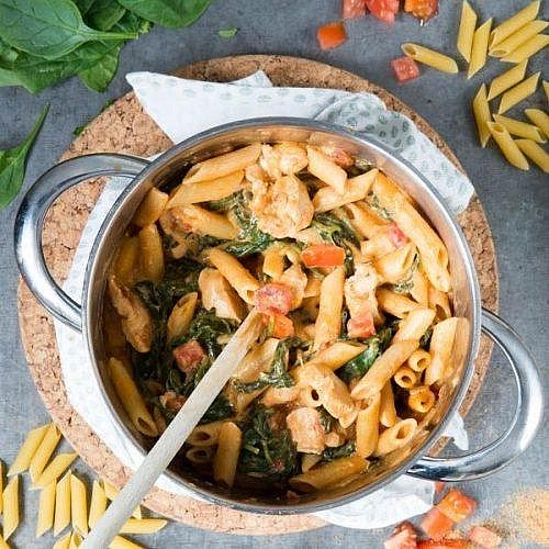 Make it creamy. Once the pasta is nearly cooked, stir in the coconut cream. Once the pasta is nearly cooked, stir in the coconut cream. The sauce should be smooth, rich and lightly orange from the tomatoes and paprika.