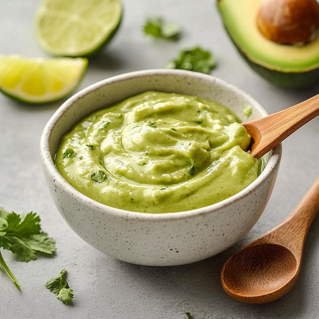 Make the avocado-lime crema Blend the avocado, dairy-free yoghurt, lime juice, coriander and garlic powder until smooth. Add cold water, one teaspoon at a time, until it becomes creamy and pourable. Season to taste.