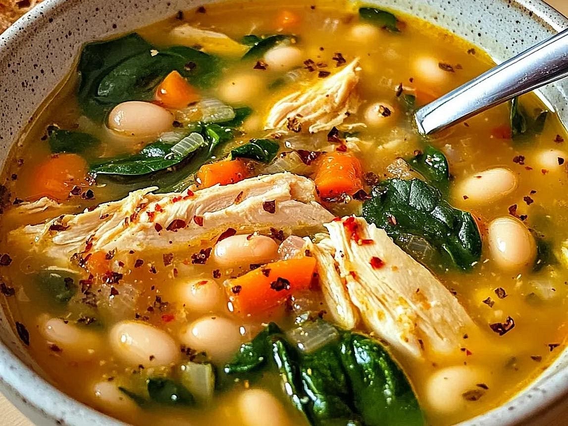 Finish and serve Stir in the fresh parsley and lemon juice. Taste the broth and adjust the seasoning if necessary. Ladle into two generous bowls, ensuring each serving gets chicken, noodles, vegetables and white beans.