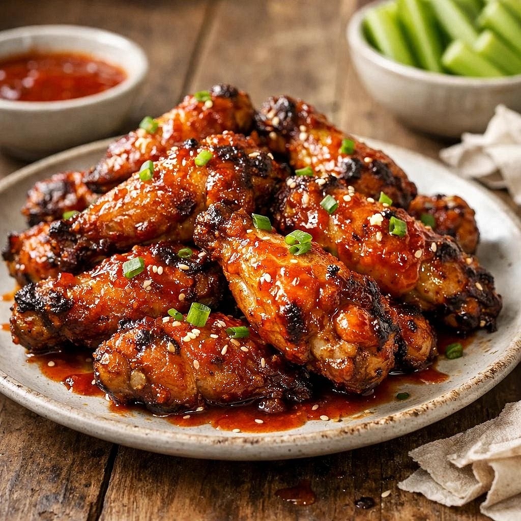 Glaze and finish the wings After the initial 35 minutes, remove the wings from the oven. Brush them generously with the honey-sriracha sauce. Increase the oven temperature to 230°C and return the wings for approximately 8–10 minutes. Watch carefully because honey can caramelise and burn quickly. Cook until the thickest part reaches at least 74°C, without touching the bone when checking. Rest briefly before serving.