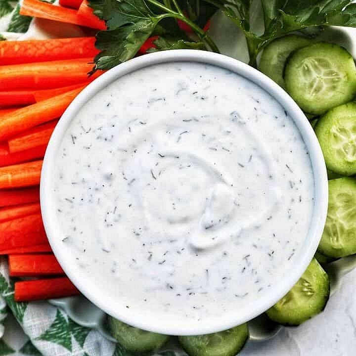 Prepare the dairy-free ranch Whisk the unsweetened dairy-free yoghurt, lemon juice, dill, garlic powder, onion powder and fresh chives together. Add a little cold water if necessary to achieve a smooth dipping consistency. Season with salt and pepper. Refrigerate until serving.