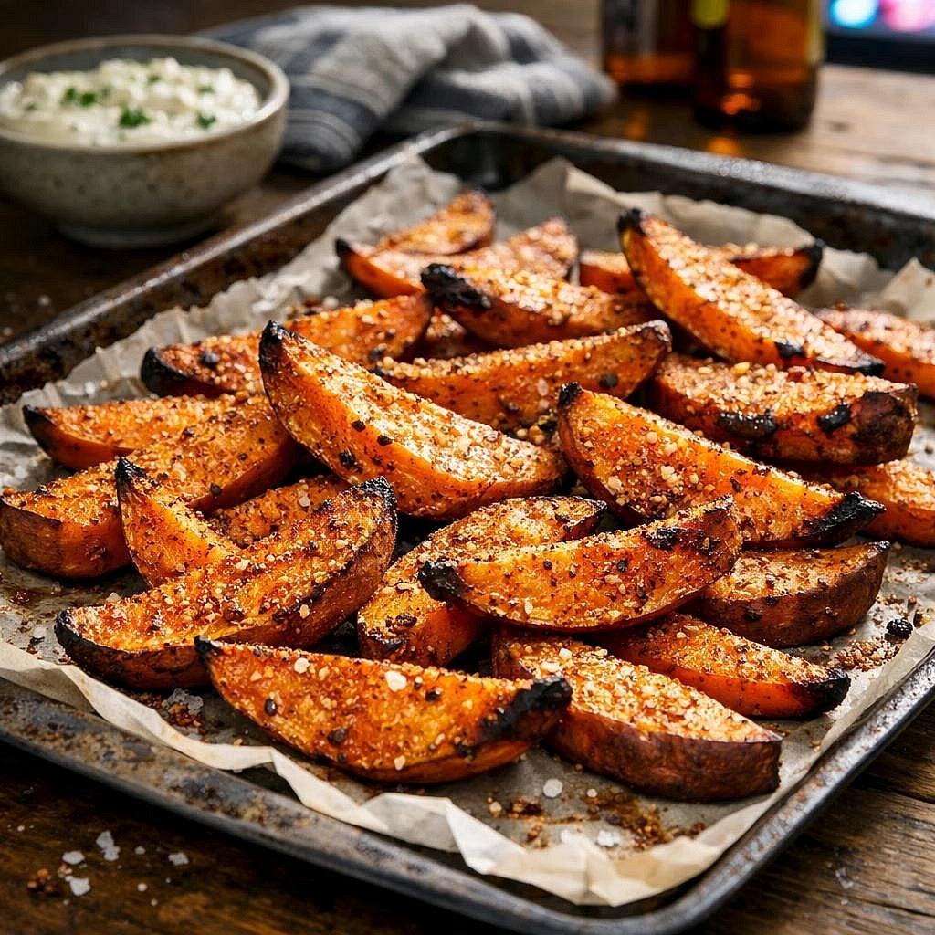 Prepare the sweet potato wedges Preheat the oven to 220°C. Wash the sweet potatoes and cut them into evenly sized wedges, leaving the skin on. Toss with olive oil, garlic powder, smoked paprika, rosemary, salt and pepper. Arrange on a baking tray and roast for approximately 30–35 minutes, turning halfway, until golden and tender.