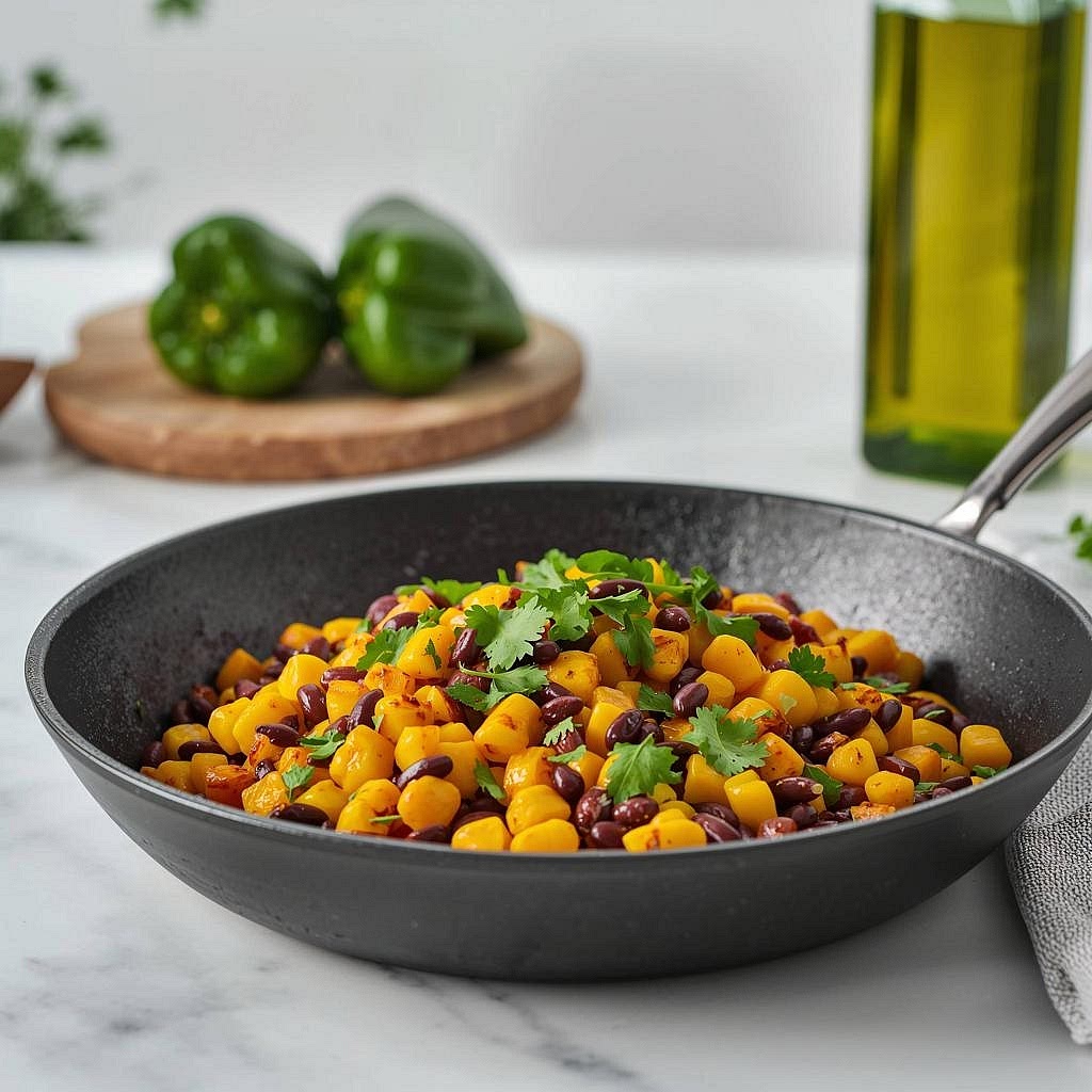 Prepare the black beans and sweetcorn Drain and rinse the cooked black beans. Place the beans and sweetcorn in a small pan over medium heat. Add a splash of water and warm for approximately 3–5 minutes. Season with a pinch of cumin or taco seasoning if desired. Finish with a squeeze of lime juice.