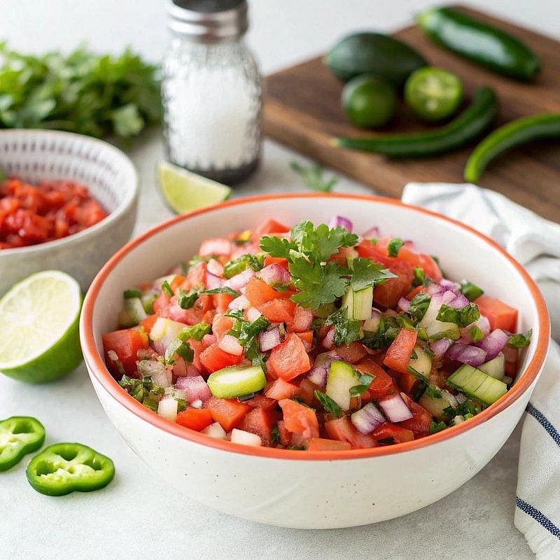 Prepare the rainbow vegetables Combine the chopped tomatoes, red pepper, cucumber and red onion. Toss with fresh lime juice, a pinch of salt and some chopped coriander if desired. Keep the shredded romaine lettuce separate until serving so it remains crisp.
