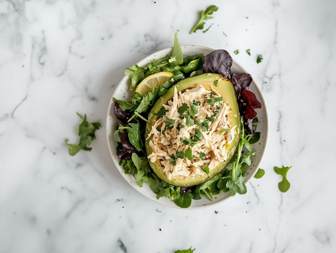 Assemble your balanced dinner Place one generously stuffed avocado half on each plate. Add a serving of lemon-herb quinoa and a generous portion of the fresh Mediterranean salad. Garnish with chopped parsley, black pepper and a fresh lemon wedge. The finished dinner should be creamy, refreshing and satisfying, with a contrast between the cool avocado, fluffy quinoa and crunchy vegetables.