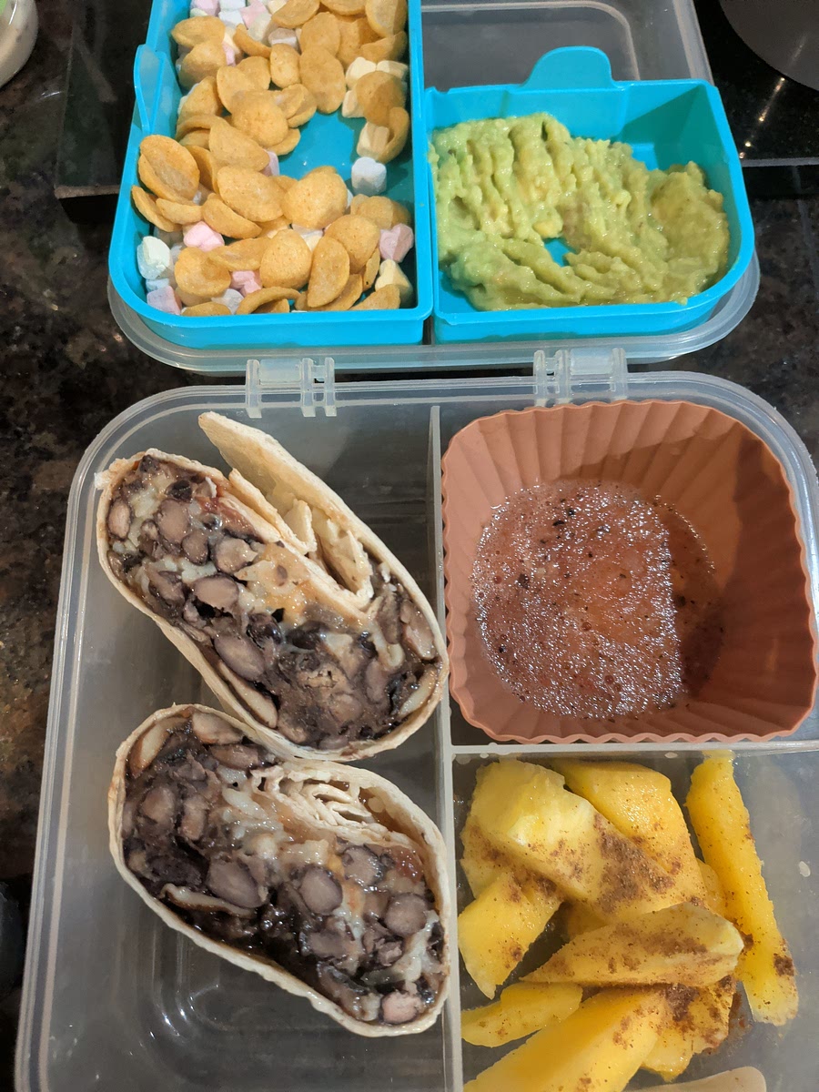 Assembly - cold:
These burritos can make for a perfect lunch, I make them the night before and pop in my lunchbox!
- Spread butter on the tortilla, this will stop it from getting soggy -Lay out mushrooms flat
-Spread onion/tomato mix on top
-Add beans -[Optional] Add mayo/sour cream
-Sprinkle grated mozzarella -Put salsa + guacamole on the side as a dip or to assemble burrito when ready to eat