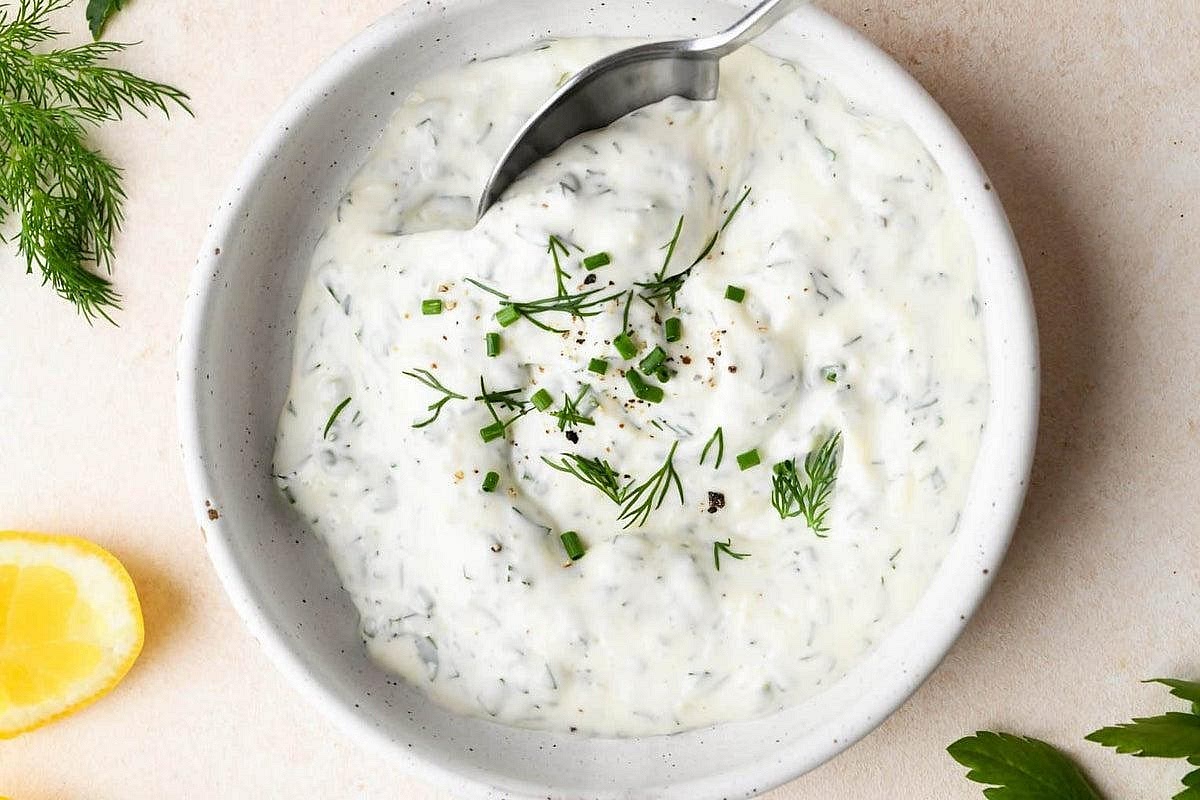Make the lemon-garlic sauce Whisk together the dairy-free yoghurt, fresh lemon juice, minced garlic and dill or parsley. Season with a little salt and black pepper. Add a teaspoon of cold water if you'd prefer a thinner sauce. Refrigerate until serving.