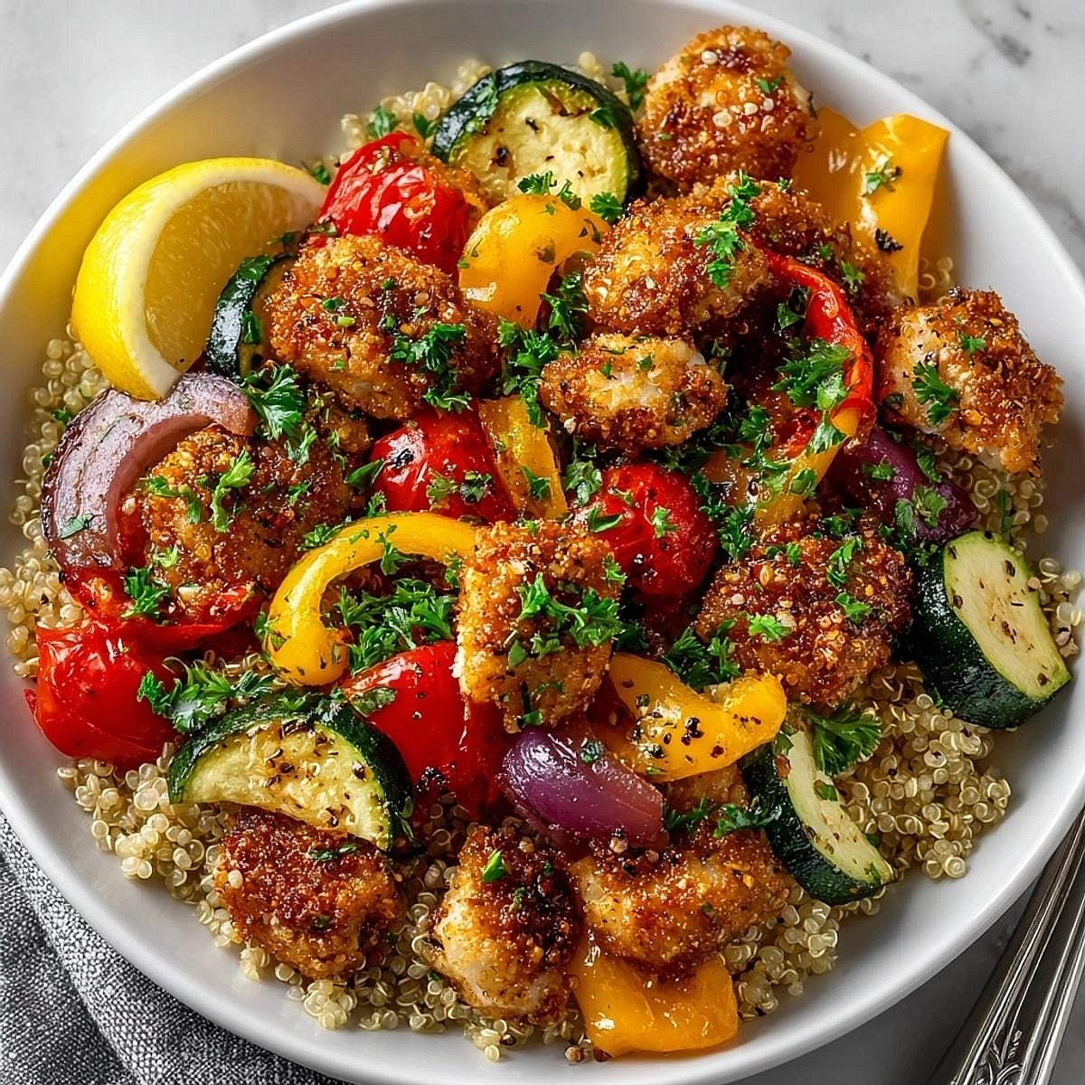 Assemble your dinner Divide the roasted vegetables between two plates. Add a serving of lemon-herb quinoa alongside the vegetables. Place the crispy chicken thighs on top or alongside the quinoa. Serve the creamy lemon-garlic sauce separately so the chicken coating remains crispy.