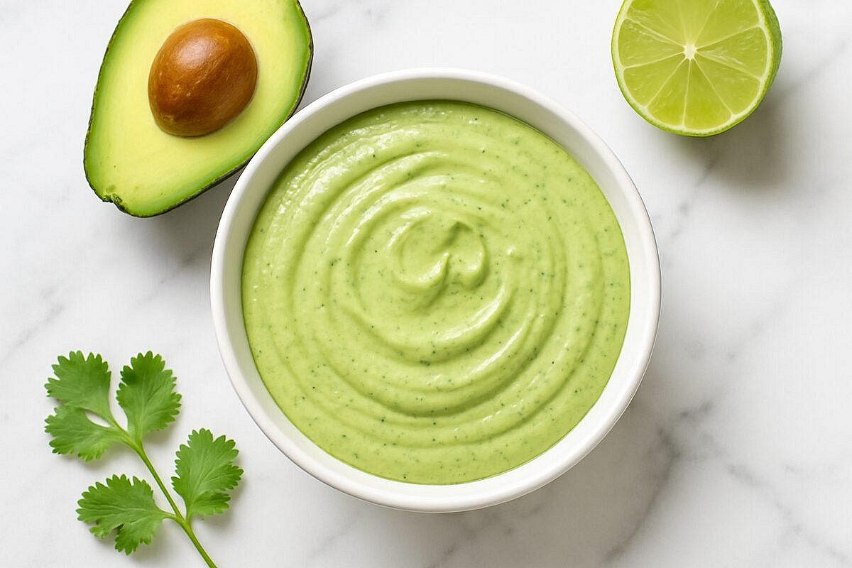 Make the avocado-lime crema Add the avocado, dairy-free yoghurt, lime juice, garlic powder and coriander to a small blender. Blend until creamy and smooth. Add a little cold water, one teaspoon at a time, until the sauce is thick but pourable. Season with a little salt and black pepper. Refrigerate until serving.