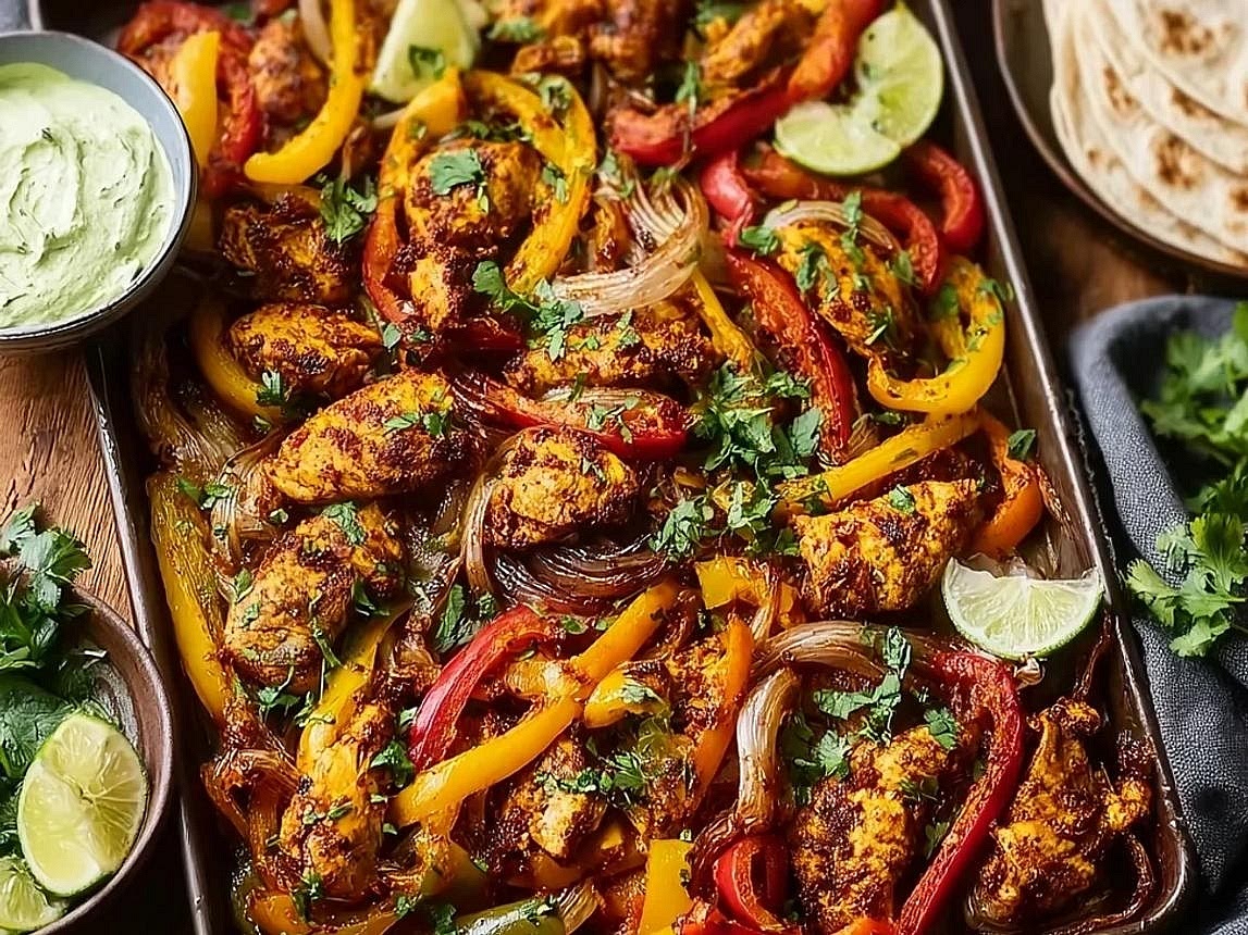 Roast the chicken fajitas Bake for approximately 18–20 minutes, tossing halfway through. The vegetables should be tender with some lightly charred edges, and the chicken must reach 74°C internally. If desired, use the oven grill for the final 1–2 minutes to achieve lightly caramelised edges, watching carefully. Finish with fresh lime juice and chopped coriander.