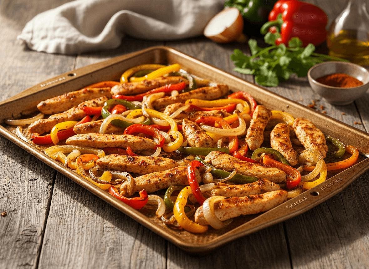 Season the fajitas Combine the chilli powder, cumin, oregano and salt. Arrange the chicken, peppers and onion on a large rimmed baking tray. Add the garlic and drizzle with olive oil. Sprinkle over the seasoning mixture and toss until evenly coated. Spread everything in a single layer to encourage roasting rather than steaming.