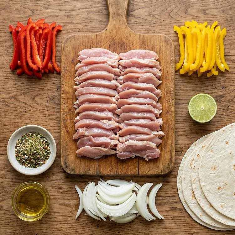 Prepare the chicken and vegetables Preheat the oven to 220°C. Slice the chicken breasts into thin, approximately 1 cm strips so they cook evenly. Slice the peppers and onion into similar-sized strips and mince the garlic. Keeping everything approximately the same thickness helps the chicken and vegetables finish cooking together.