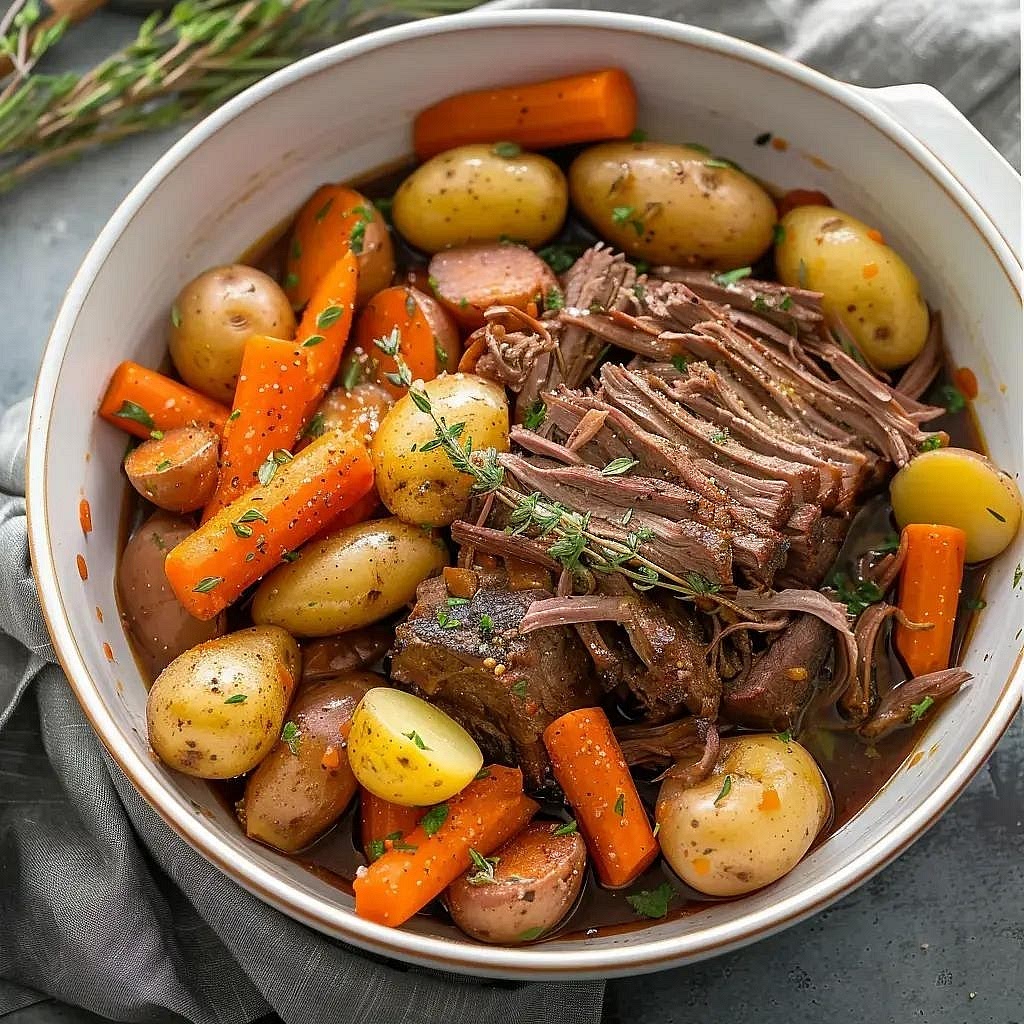 Cook the potatoes and carrots Once the beef is almost fork-tender, add the halved baby potatoes and thick carrot pieces to the Instant Pot. Secure the lid again and pressure-cook on HIGH for approximately 4 minutes, followed by a quick pressure release. Check that the potatoes and carrots are tender. Very large pieces may require a little more time. Transfer the cooked beef, potatoes and carrots to a platter and cover loosely to keep warm. Discard the bay leaf and herb stems.