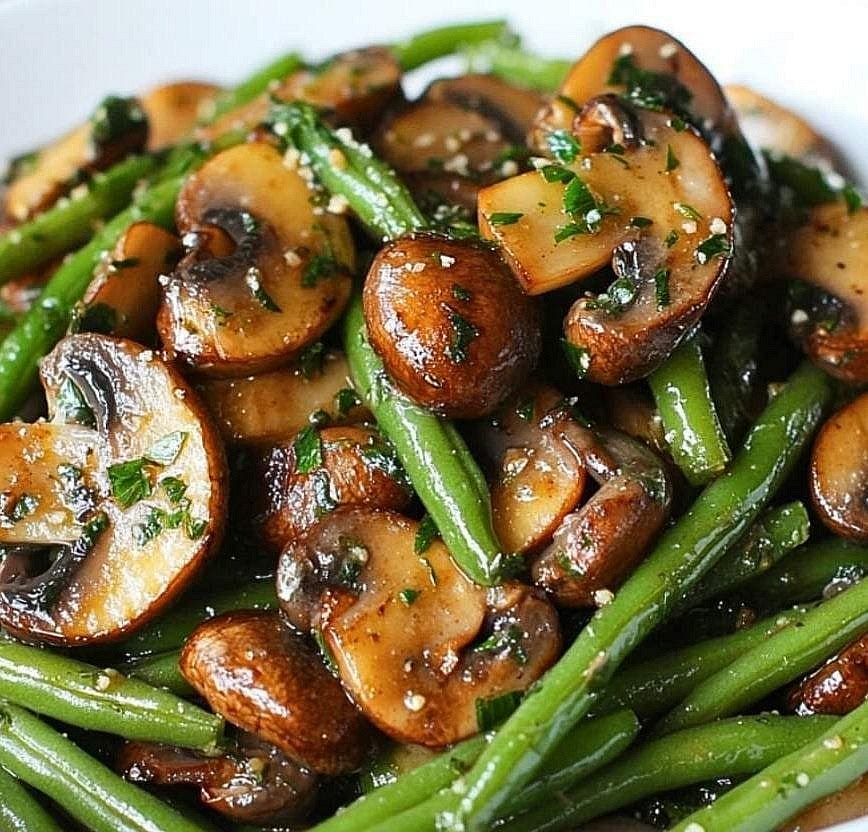 Prepare the garlic mushrooms and green beans While the pressure cooker is running, heat one teaspoon of olive oil in a separate frying pan. Add the mushrooms and sauté for approximately 4–5 minutes until golden. Add the green beans and a splash of water, cover and steam for approximately 3–4 minutes. Remove the lid, add the minced garlic and cook for another minute. Finish with fresh lemon juice, salt and black pepper. The vegetables should be tender with some crunch, contrasting with the soft pot roast.
