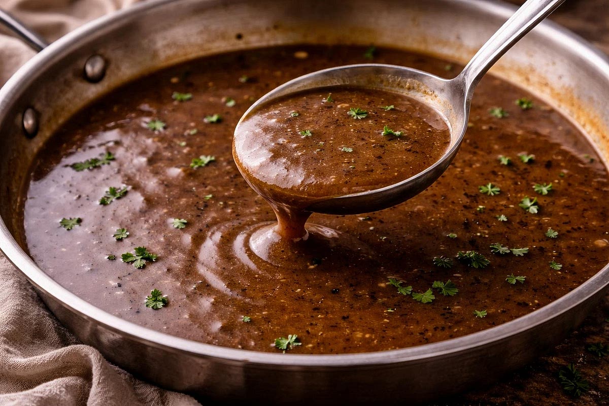 Make the beef gravy Skim excess surface fat from the cooking liquid if desired. Measure approximately 250 ml of the cooking liquid into the Instant Pot, reserving the remainder. Set to Sauté and bring to a gentle simmer. Mix the cornflour with one tablespoon of cold water, then whisk it into the liquid. Simmer for approximately 3–5 minutes until the gravy thickens. Add more reserved cooking liquid if necessary. Taste and season with additional herbs or black pepper.
