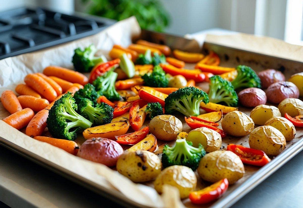 Add the vegetables Toss the broccoli, green beans, red pepper and onion with one teaspoon of olive oil, salt and black pepper. Add them to the baking tray, distributing everything in a single layer. Roast for another 12–15 minutes, until the potatoes are tender and the vegetables have lightly browned edges. Remove the vegetables and potatoes to a warm serving dish, leaving the tray available for the steak.