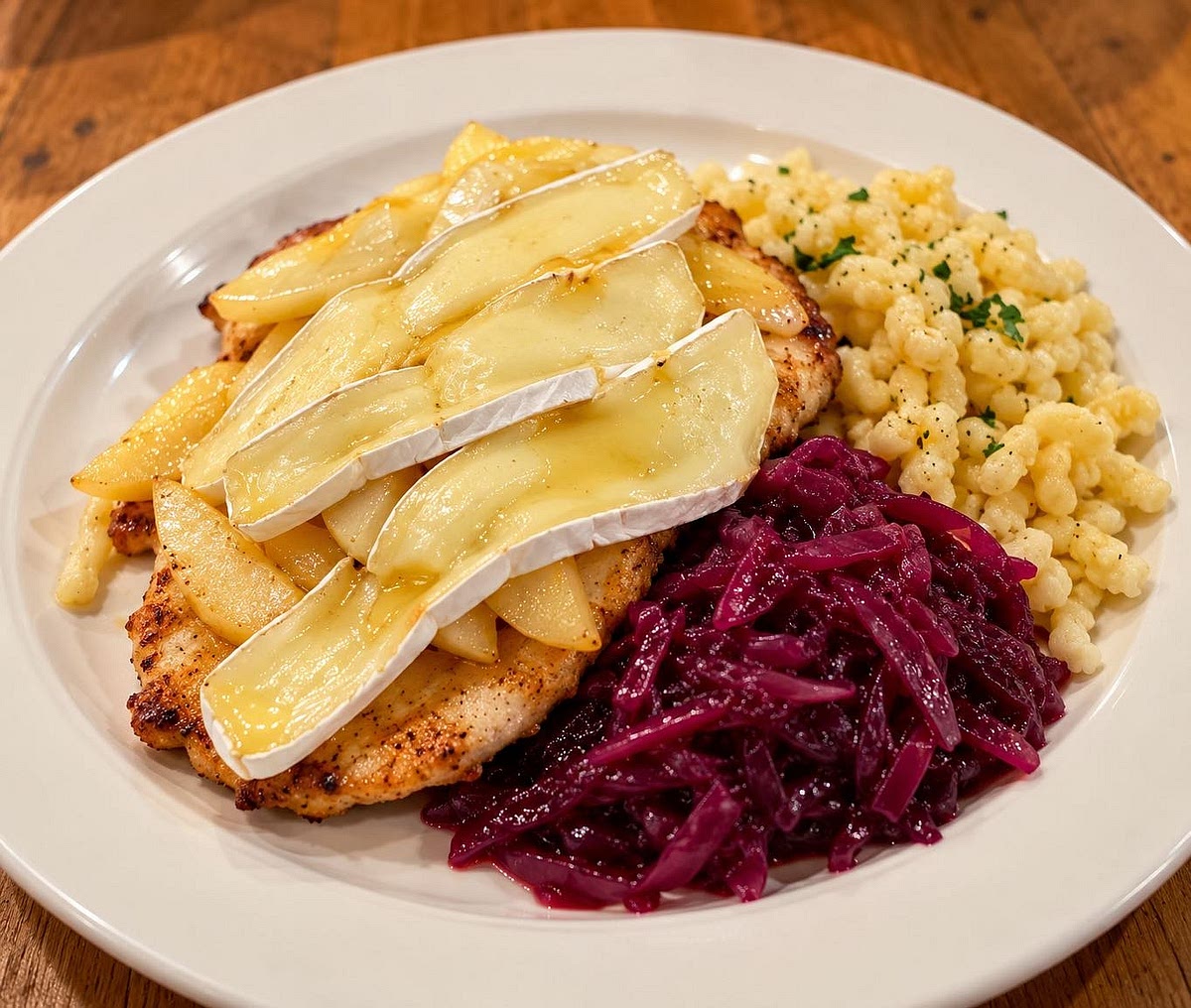 Serve schnitzel immediately with warm sweet-and-sour red cabbage and your choice of buttered red potatoes or Spätzle.