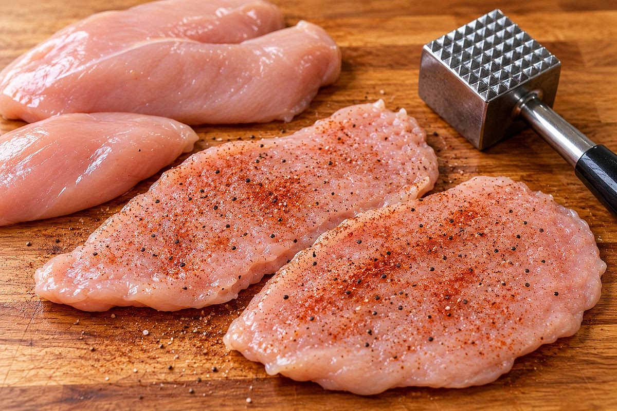 Slice chicken breasts horizontally into thin cutlets, or pound to approximately ¼-inch thickness. Season both sides with salt, pepper, and paprika.