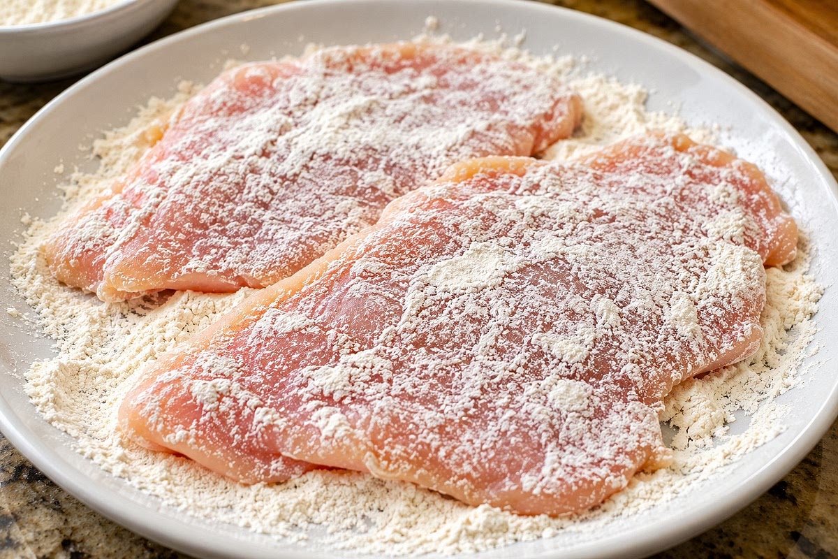 Dredge each cutlet lightly in flour, shaking off the excess to create a thin, delicate coating.
