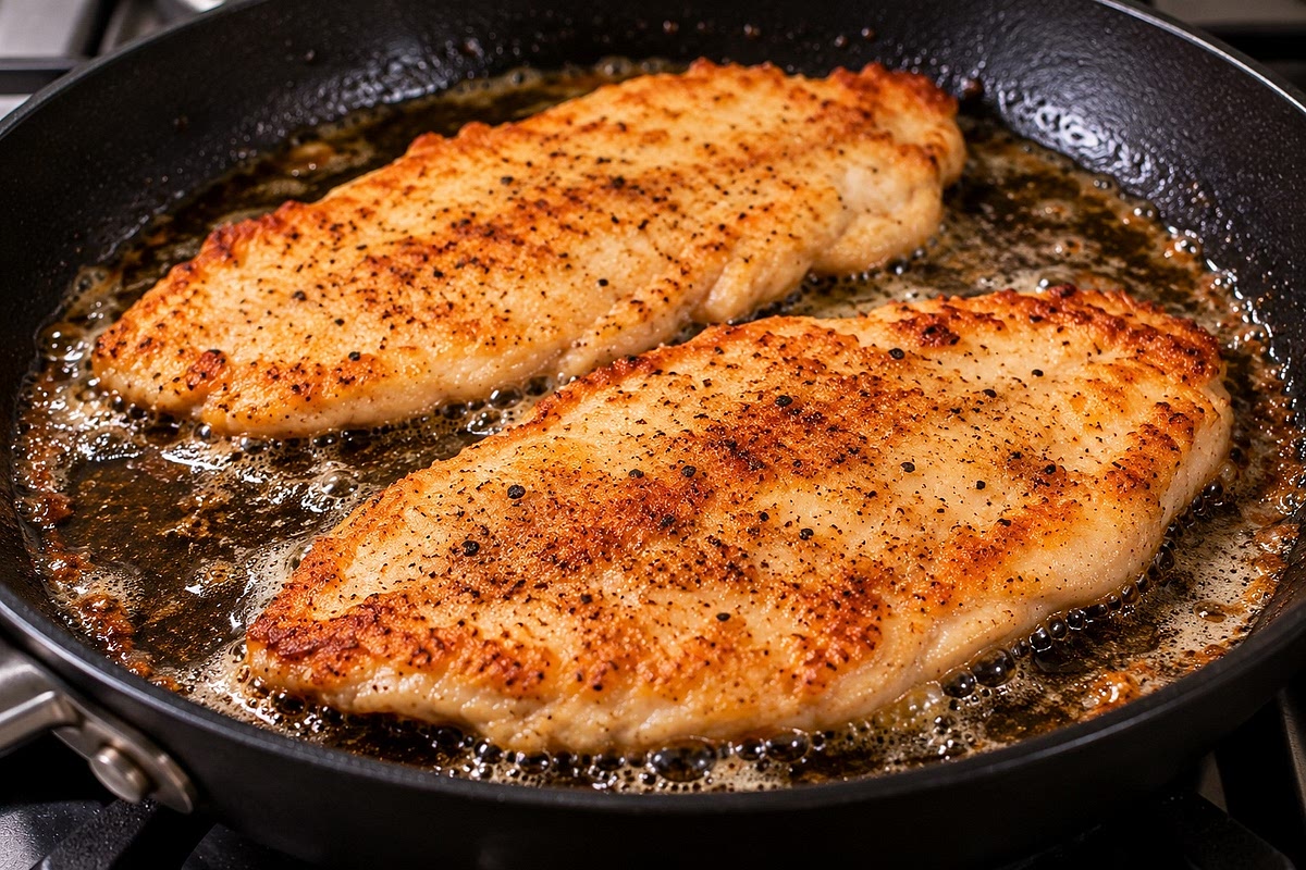 Heat 3 tablespoons butter or cooking oil in a large skillet over medium-high heat. Cook chicken for approximately 3–4 minutes per side until golden brown and the internal temperature reaches 165°F. Transfer to a plate.