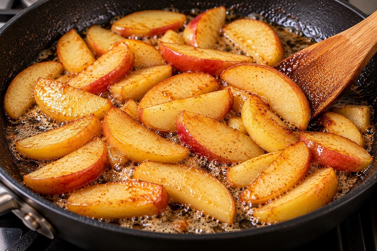 Melt 2 tablespoons butter in a clean skillet over medium heat. Add thinly sliced apples and sauté for 3–5 minutes until lightly golden and beginning to soften.