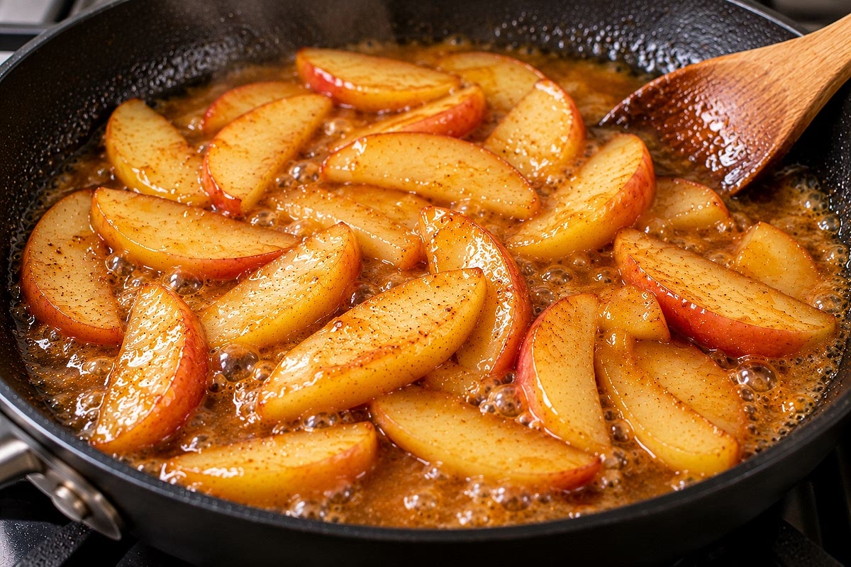 Pour ½ cup apple cider into the skillet. Add 1 teaspoon brown sugar if desired. Simmer uncovered for 8–12 minutes until the cider reduces to a glossy glaze. Stir in 1 teaspoon lemon juice.