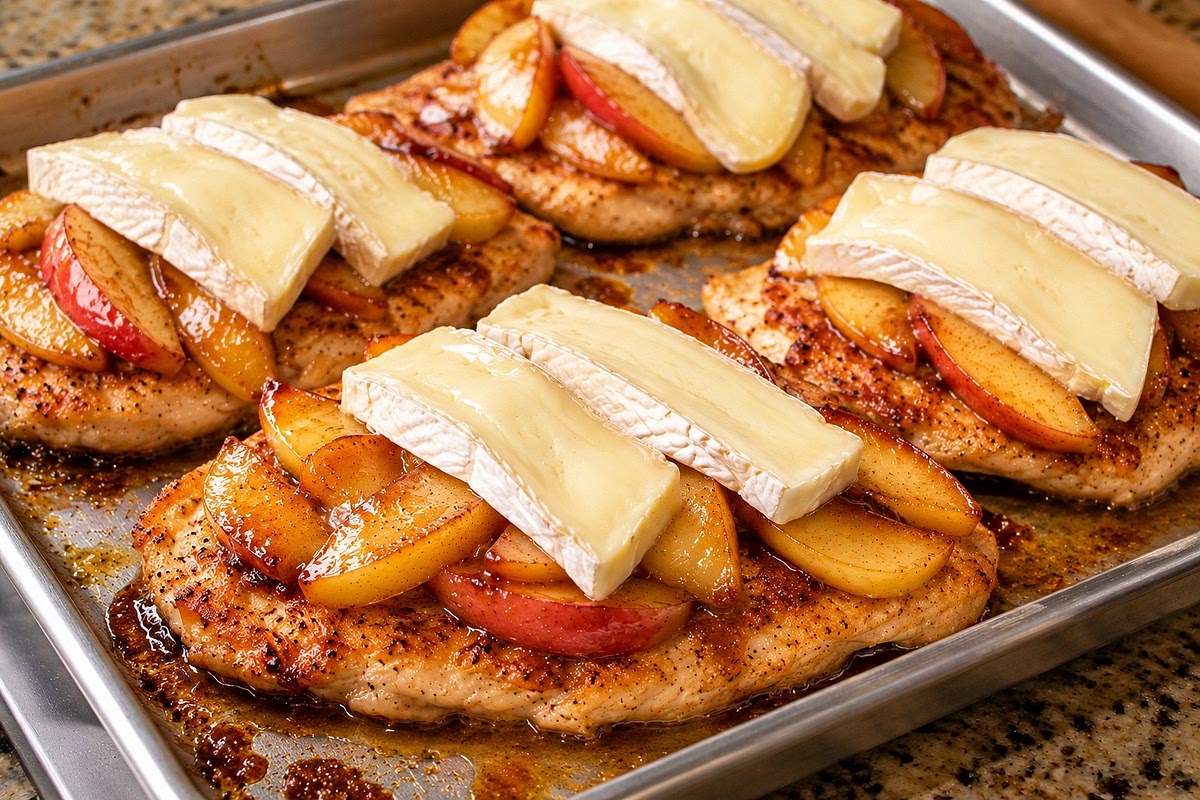 Preheat oven to 300°F. Arrange cooked chicken on a baking sheet. Spoon glazed apples over each cutlet and layer Brie slices over the apples, keeping the white rind intact.