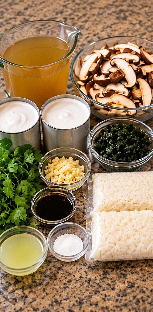 Bring vegetable broth to a boil, then stir in mushrooms. Cover and let stand for 20 minutes. Place dried wakame seaweed in a small bowl and cover with warm water to rehydrate.