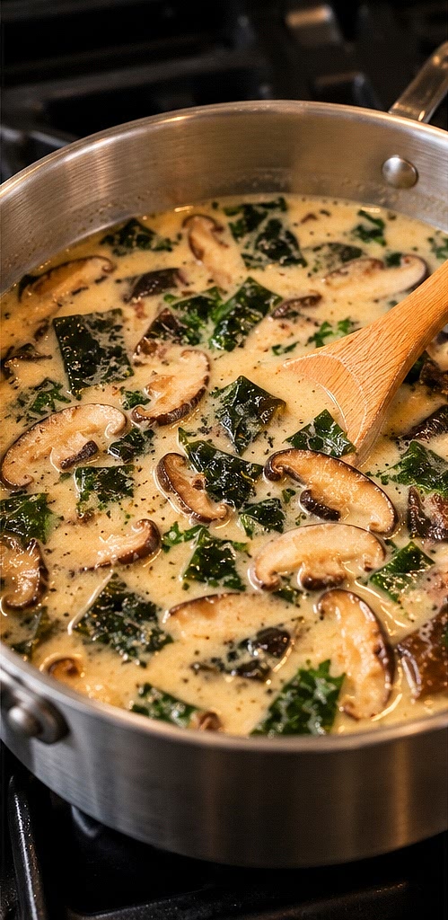 In a large saucepan, heat olive oil over medium-low heat. Add garlic and cook until softened, about 3 minutes. Strain mushrooms from broth, reserving the broth, and squeeze dry. Add mushrooms to the pan and cook, stirring occasionally, for 10–15 minutes until browned and tender. Add coconut milk, reserved broth, and salt. Drain seaweed and squeeze out excess water, then add to the pot. Bring to a boil over medium-high heat, reduce heat to medium-low, and simmer covered for 20 minutes. Stir in cilantro, lime juice, and tamari.