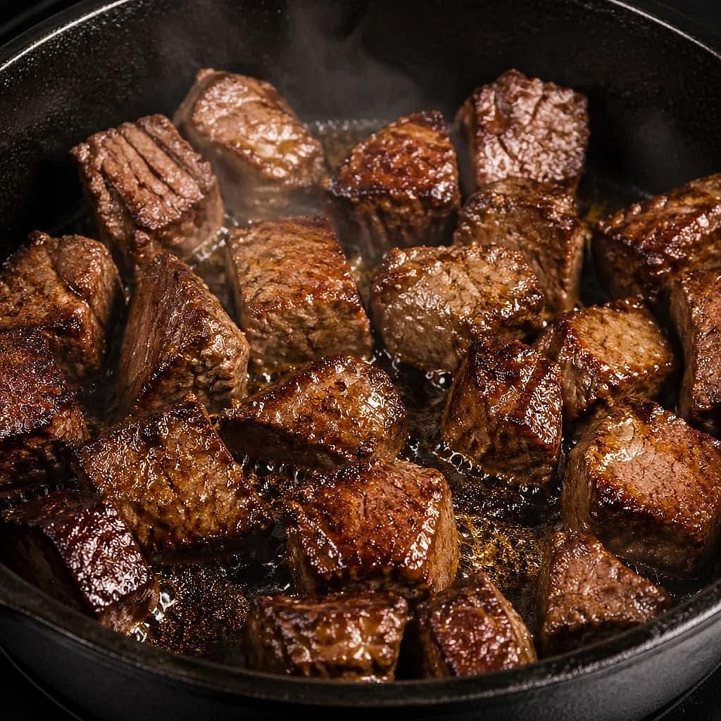 Sear the beef Heat the olive oil in a frying pan over medium-high heat. Season the beef with salt and black pepper. Add the beef chunks to the hot pan and sear for approximately 3 minutes per side until a deep brown crust forms. This helps develop the rich, savoury flavour associated with traditional beef ragu. Transfer the browned beef to the slow cooker.